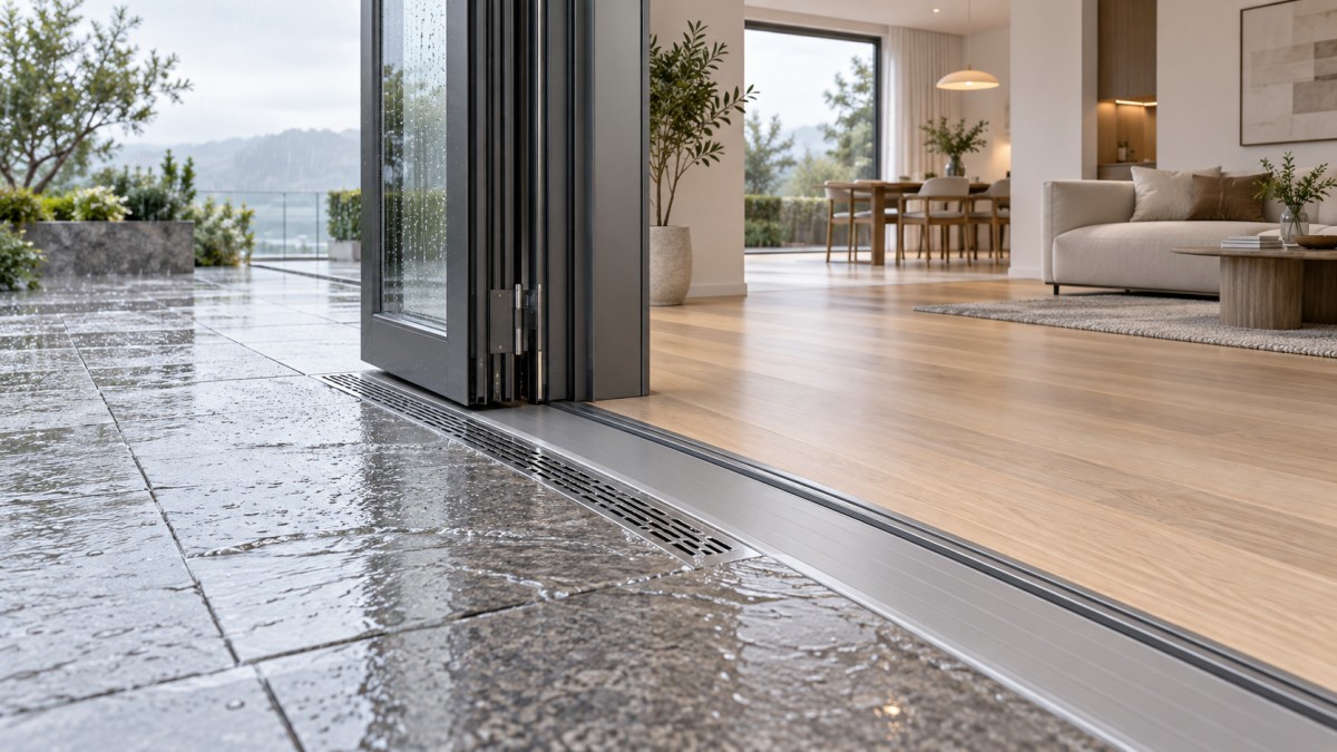 Low Threshold Folding Doors: Avoiding Water Ingress in Barrier-Free Building Entrances أبواب قابلة للطي بعتبة منخفضة: تجنب تسرب المياه عند مداخل المباني الخالية من العوائق