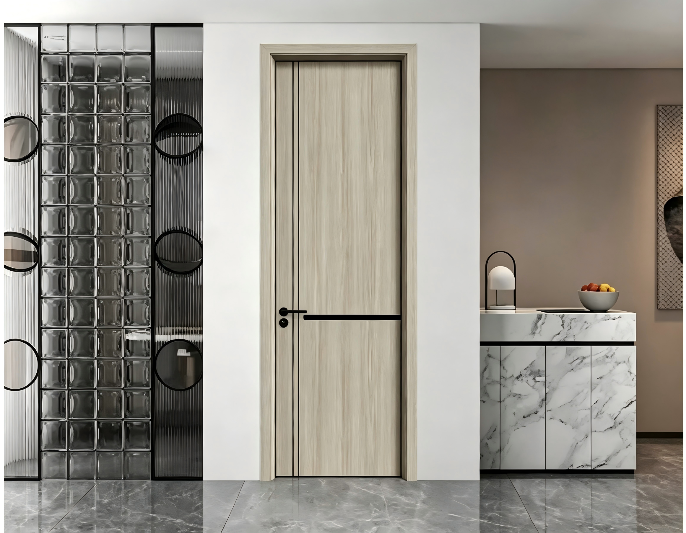باب أمامي داخلي حديث من China من MDF PVC للفنادق مصنوع من الخشب المصمت مع تصميم تطعيم بشرائط معدنية لغرفة النوم وغرفة الاجتماعات