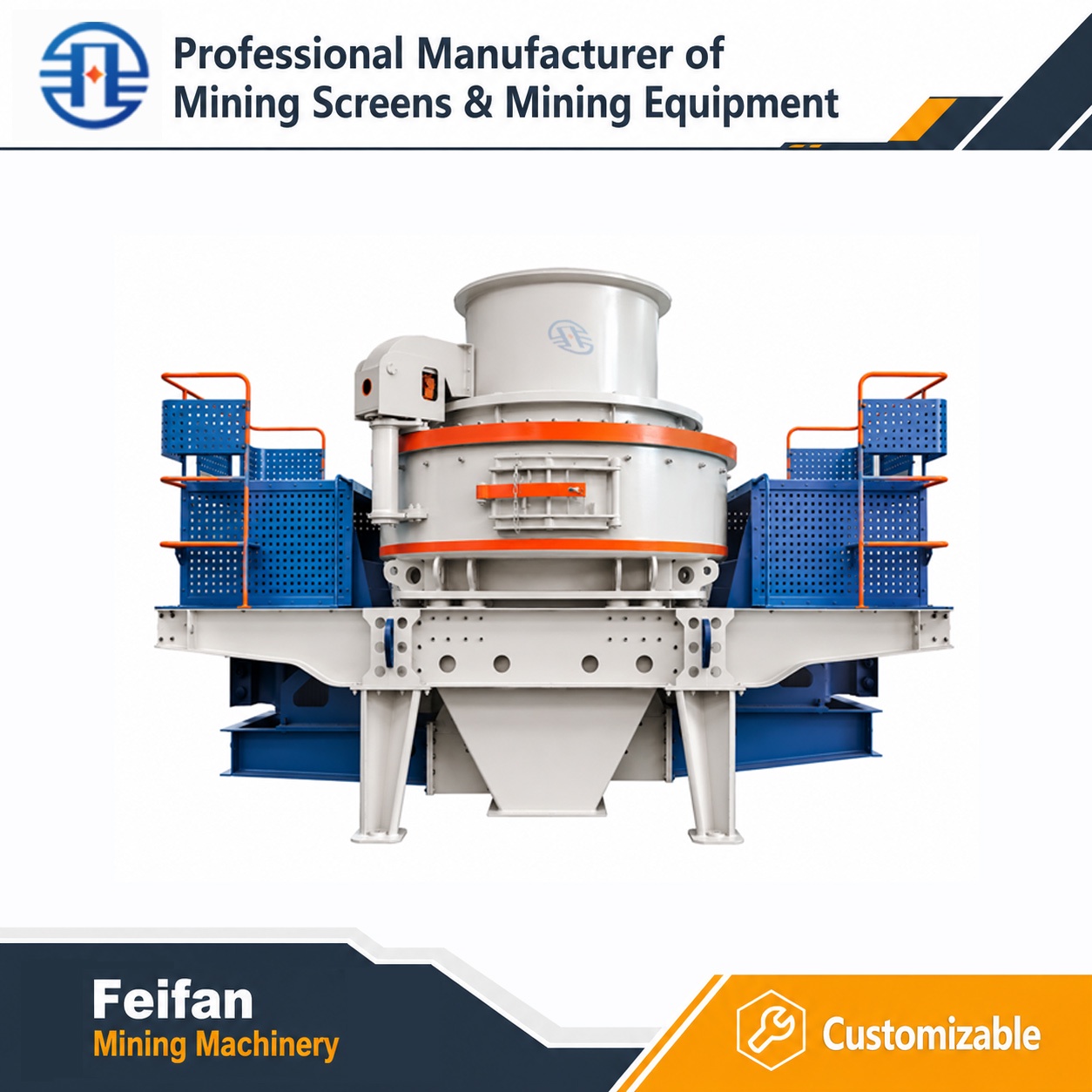 تصميم غرفة عمل مزدوجة FEIFAN VSI-8000 مع أطراف من الكربيد الأسمنتي وسرعة 1200-2000rpm لإنتاج الرمال بكميات كبيرة كسارة VSI