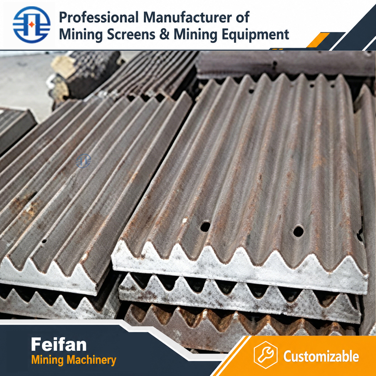 FEIFAN OEM قطع تآكل كسارة التعدين من الكروم العالي مطرقة لوحة فكية لوحة بطانة لخط إنتاج الركام