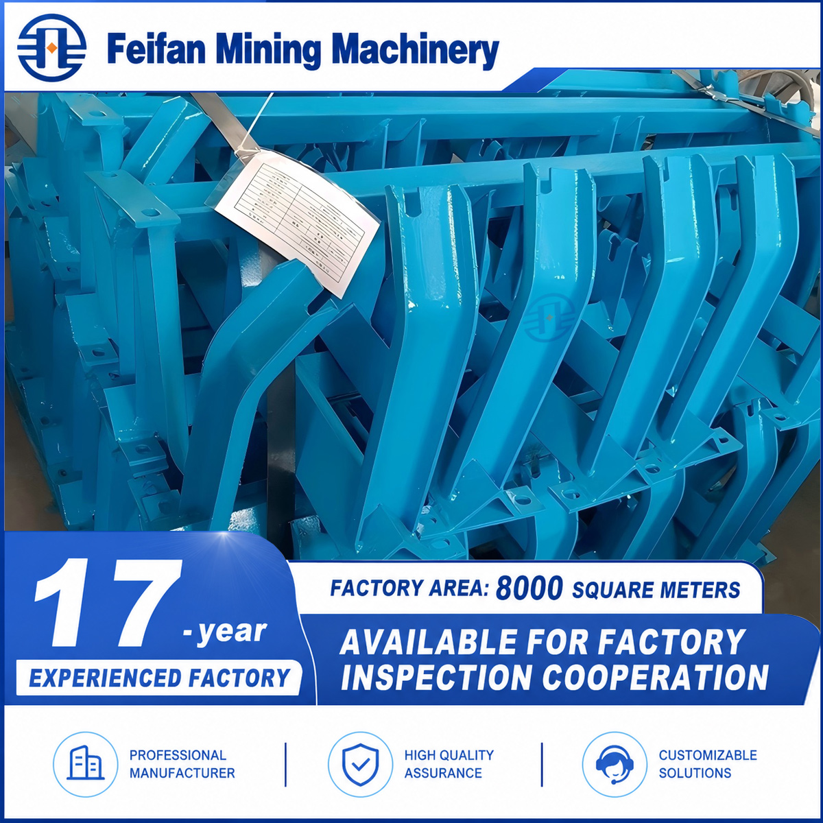 FEIFAN OEM أجزاء ناقل الحزام ذات هيكل إطار فولاذي ونظام أسطوانة بكرة الرأس وبكرة الذيل لتعدين الخامات الصناعية