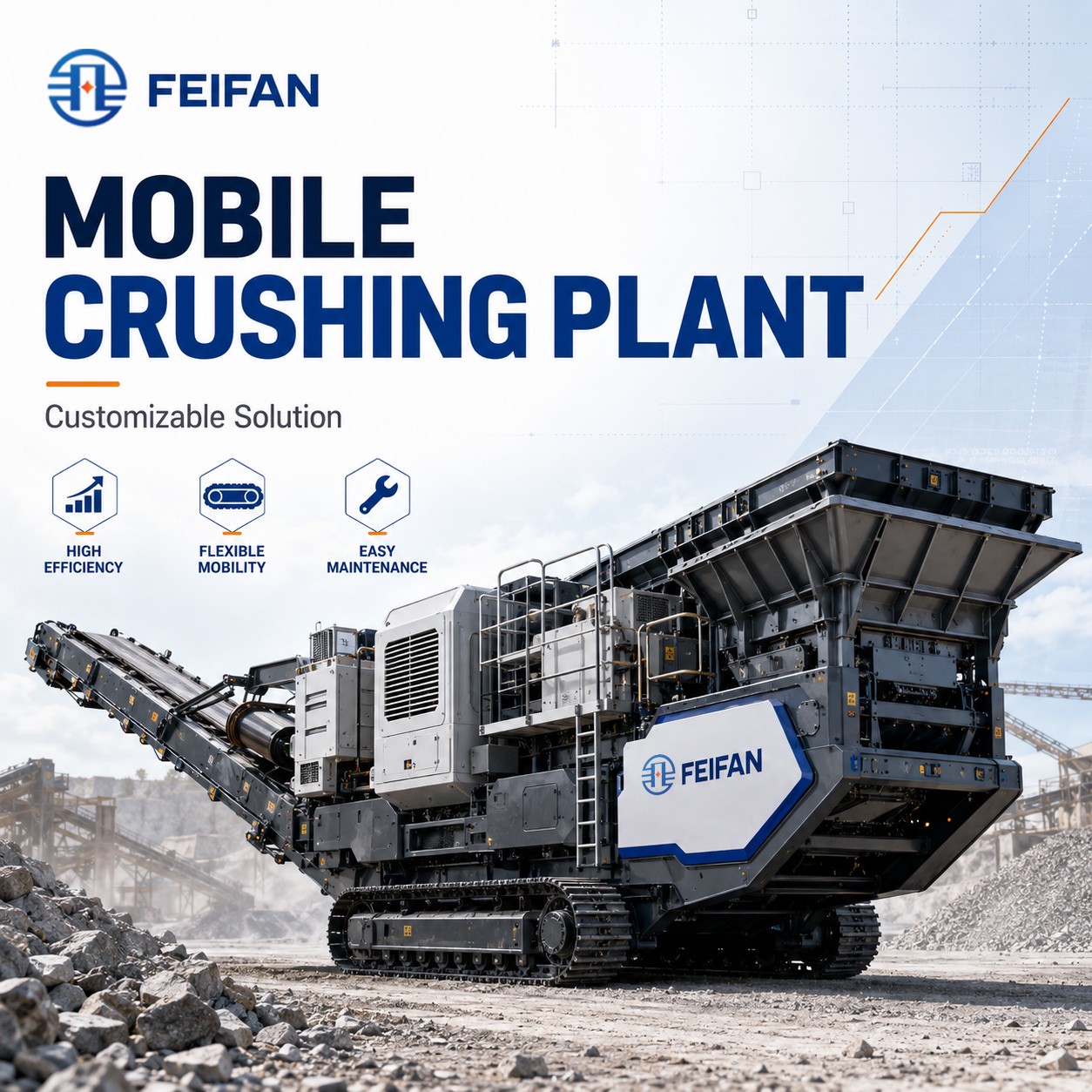 FEIFAN OEM مصنع كسارة أحجار المحاجر عالي السعة لإنتاج ركام التعدين محطة تكسير متنقلة مجنزرة