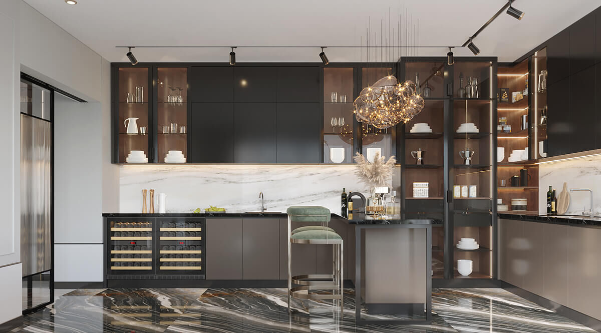 Luxury L-shaped Kitchen Cabinet in Lacquer Finish DS21-CG04