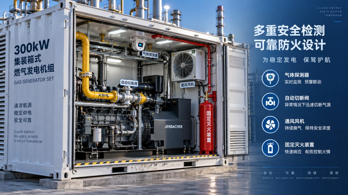 فحوصات السلامة من الحرائق لمجموعة مولدات غاز بقدرة 300 kW داخل حاوية