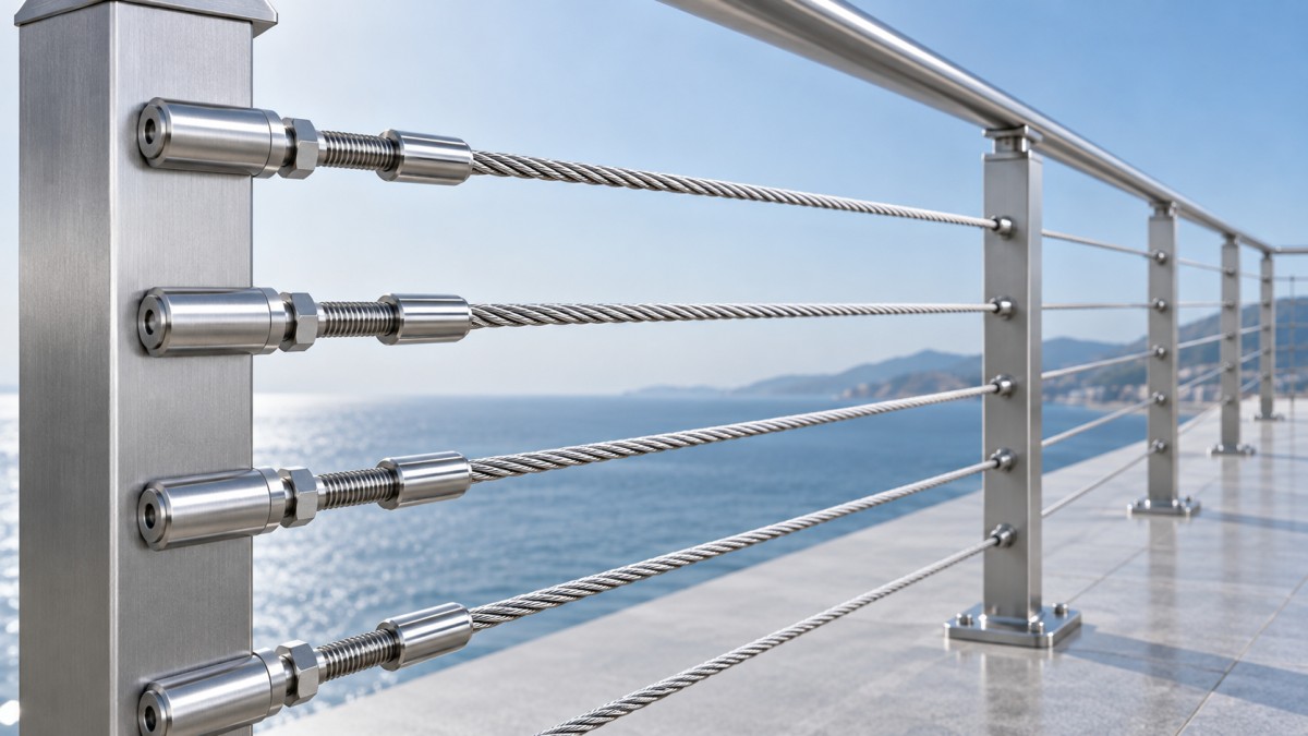 7x7 Stainless Steel Cable for Railings: Sizing, Tension, and Fitting Selection كابل من الفولاذ المقاوم للصدأ 7x7 للدرابزين: اختيار المقاس والشد والتركيبات